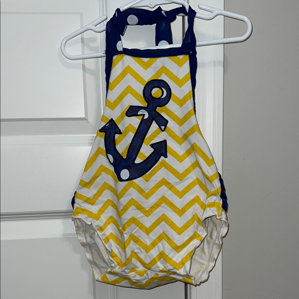 Nautical Yellow And Blue Chevron Baby Romper With Anchor